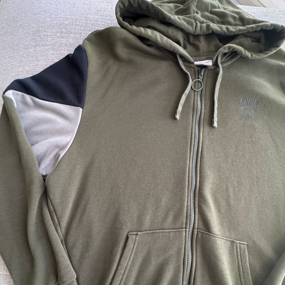 Puma Men's Zip-Up Hoodie in Olive with Black and Gray Accents - Picture 2 of 6